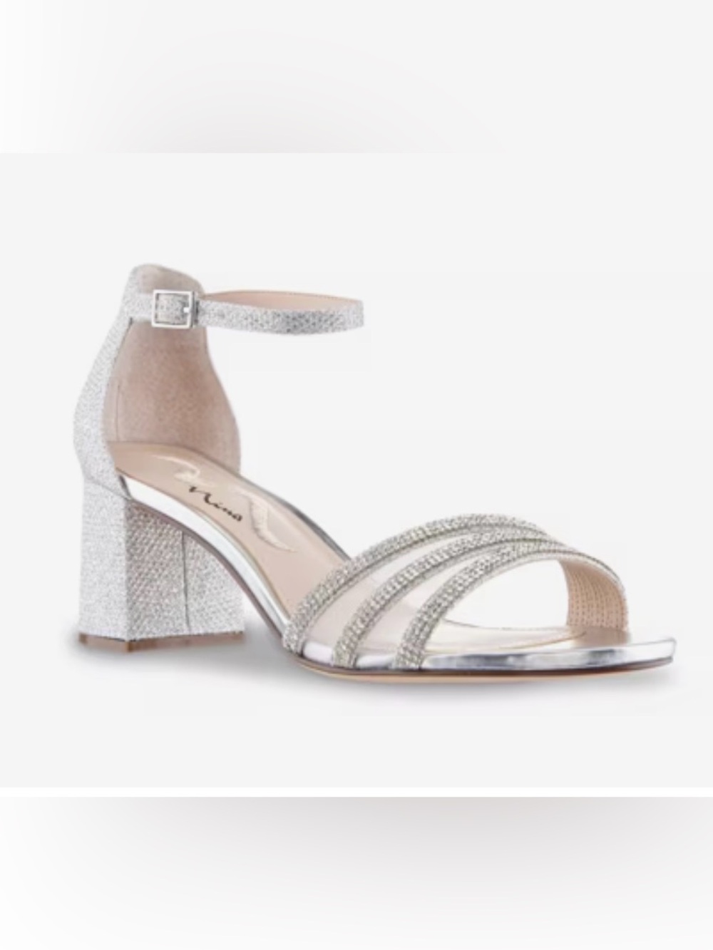 Nina Nagida Silver Dress Block Heel Strappy Sandals Size 6. EUC